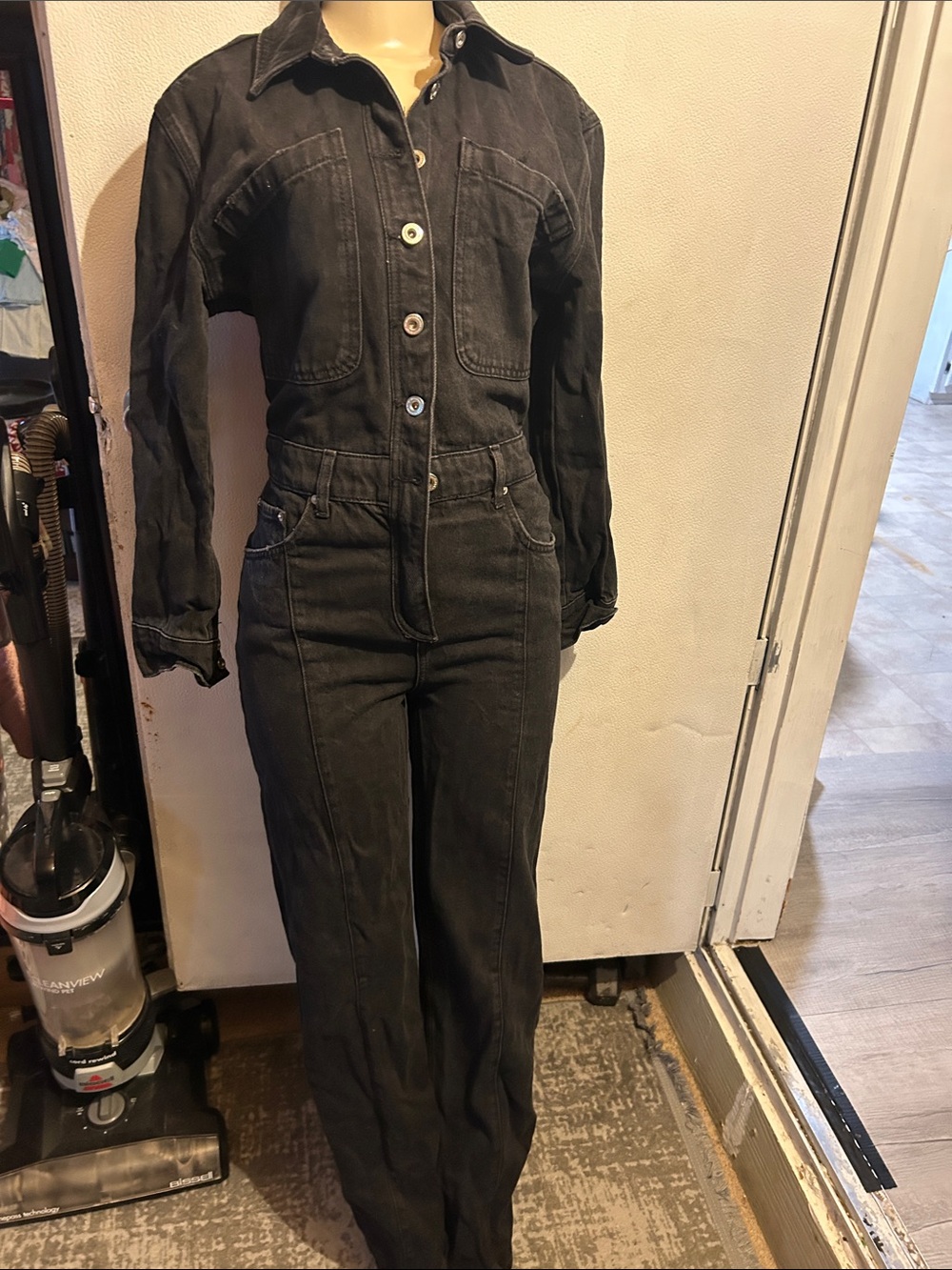 Zara Black Long-Sleeve Denim Jumpsuit